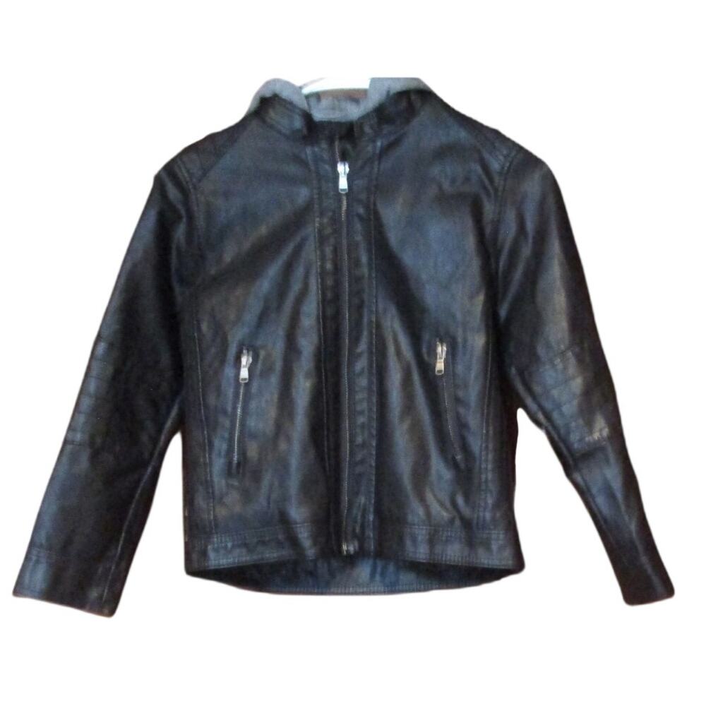 H&M Boys Black Faux Leather Biker Moto Jacket Size 4-5Y Gray Hood Sherpa Lining